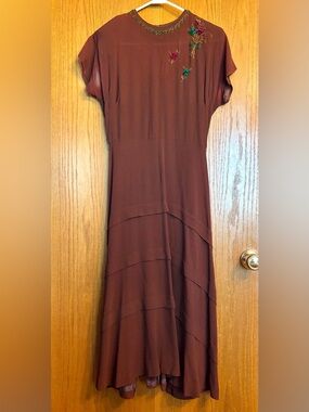 Vintage 1940s Chocolate Brown, Pink Green Sequin Beaded Cocktail Dress Small